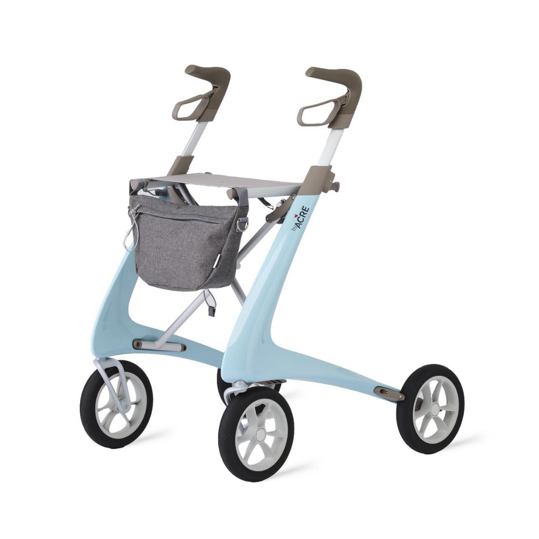 The ByACRE Ultralight Carbon Fiber Rollator (10.6 lbs) is a modern light blue mobility aid with four wheels, ergonomic handles for comfort, and a grey storage bag at the front.